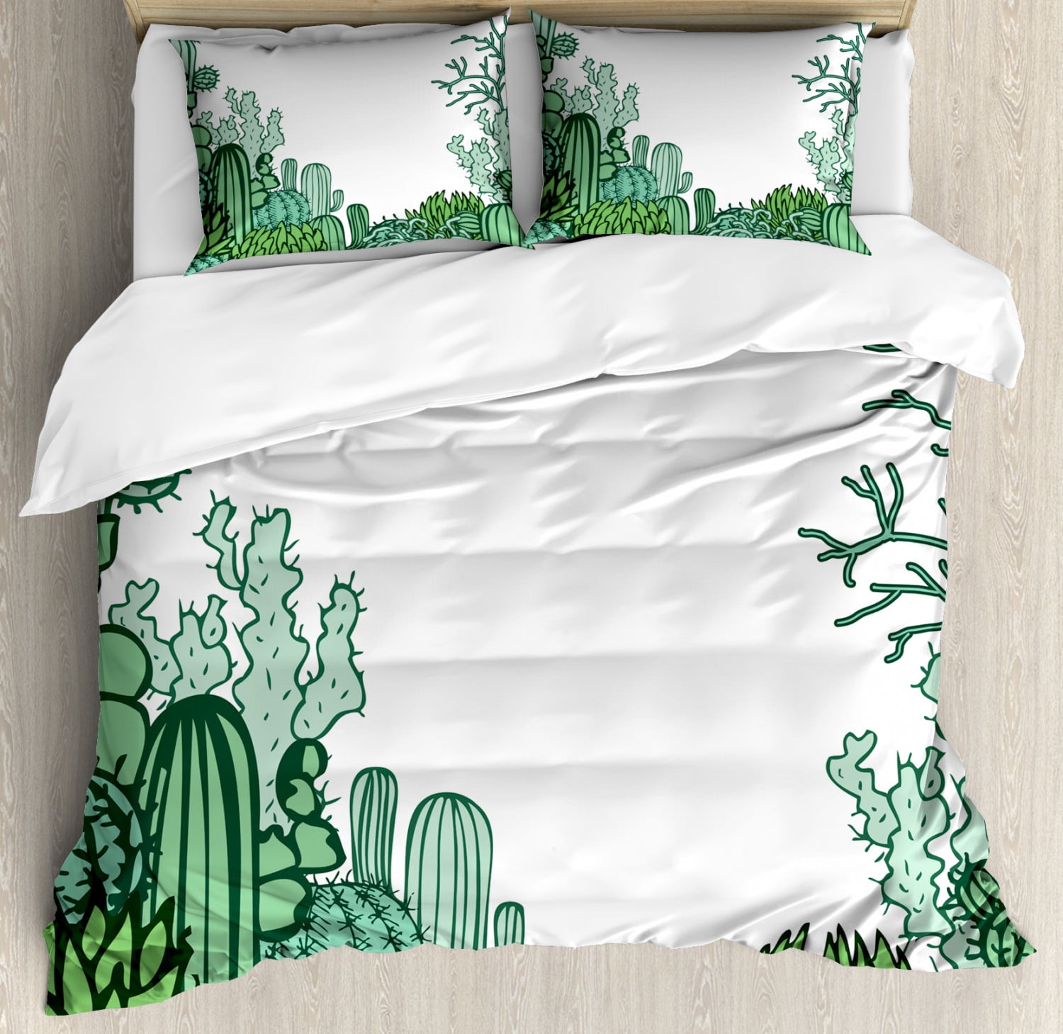 King Size Green Cactus Doodle Microfiber Duvet Cover Set