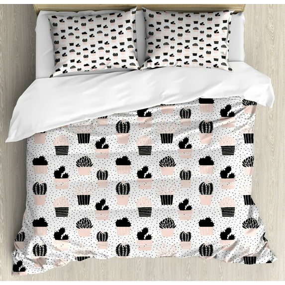 Cactus Duvet Cover Set King Size, Dotted Background with Plants and Many Design Elements Chevrons Lines, Decorative 3 Piece Bedding Set with 2 Pillow Shams, Pale Coral Black White, by Ambesonne