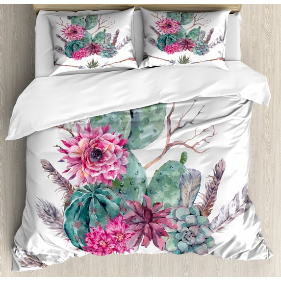 Cactus Duvet Cover Set King Size, Exotic Natural Vintage Style Watercolor Bouquet Bohemian Arizona Vegetation, Decorative 3 Piece Bedding Set with 2 Pillow Shams, Green Pink Brown, by Ambesonne