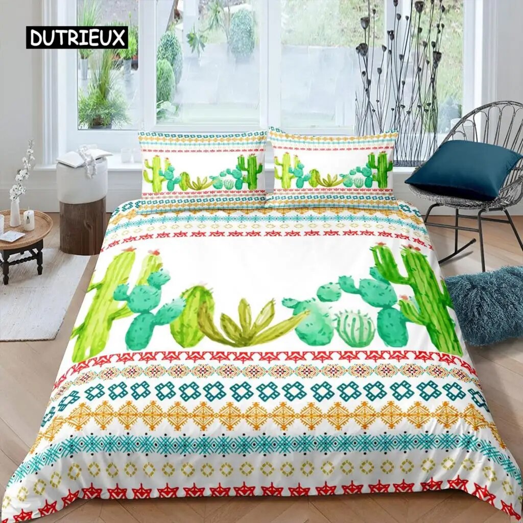 Cactus Duvet Cover Set King Size Hand Painted Style Bedding Set Nature