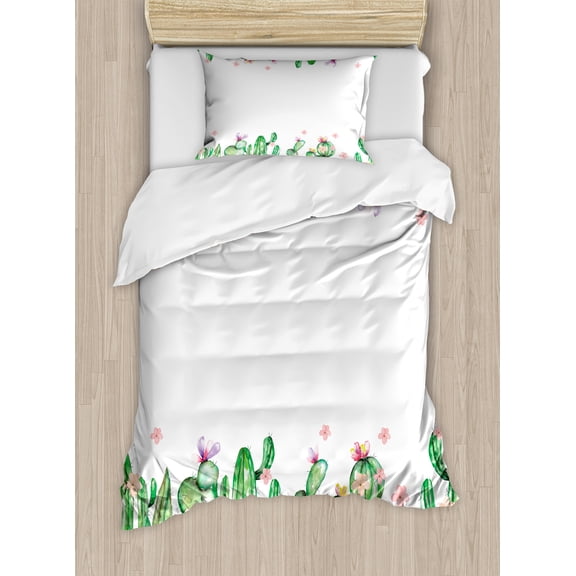 Cactus Duvet Cover Set, Mexico Style Romantic Tender Blossoms and Barren Heath Natural Vegetation, Decorative 2 Piece Bedding Set with 1 Pillow Shams, Twin Size, Green Coral Lavender, by Ambesonne