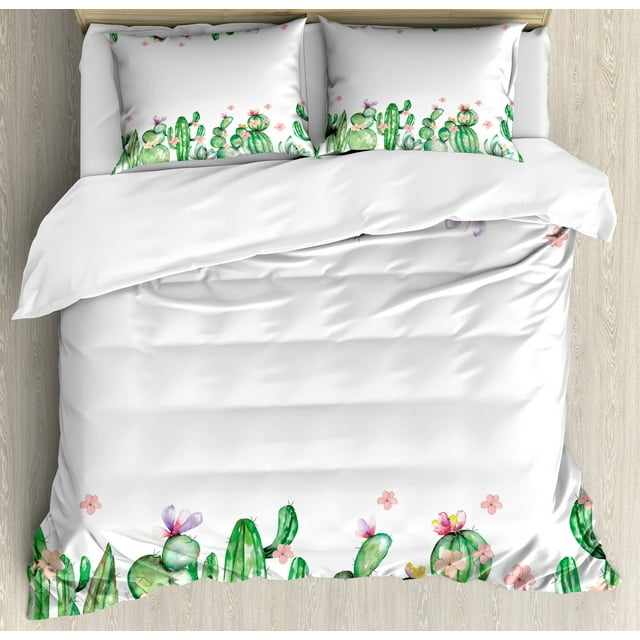 Cactus Duvet Cover Set, Mexico Style Romantic Tender Blossoms and Barren Heath Natural Vegetation, Decorative 3 Piece Bedding Set with 2 Pillow Shams, Calking Size, Green Coral Lavender, by Ambesonne