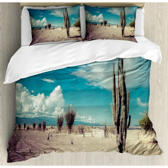 Cactus Duvet Cover Set Queen Size, Abandoned Desert with Dried Cactus Flowers on a Sunny Hot Summer Day Photo Image, Decorative 3 Piece Bedding Set with 2 Pillow Shams, Multicolor, by Ambesonne
