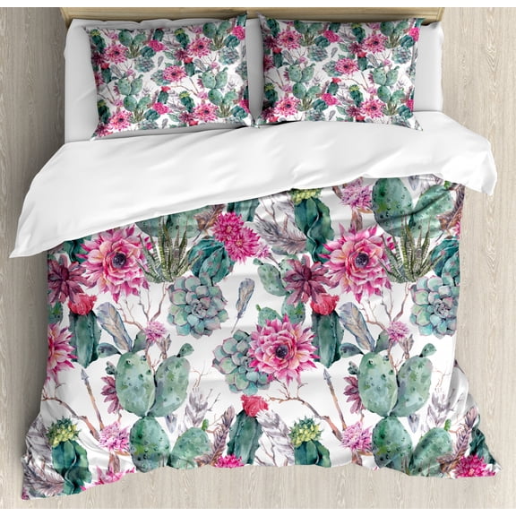 Cactus Duvet Cover Set Queen Size, Cactuses with Spring Blooms Twigs and Arrows Composition Boho Chic Vintage Flora, Decorative 3 Piece Bedding Set with 2 Pillow Shams, Multicolor, by Ambesonne