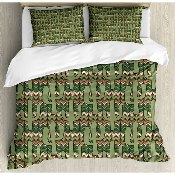 Cactus Duvet Cover Set Queen Size, Cartoon Style Saguaro Cactus Figures on Ethnic Zigzag Stripes Background, Decorative 3 Piece Bedding Set with 2 Pillow Shams, Green Pale Brown Beige, by Ambesonne