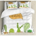 thumbnail image 1 of Cactus Duvet Cover Set Queen Size, Cute Home Plants in Smiling Pots Cacti Hello Typography in Speech Bubble Doodle, Decorative 3 Piece Bedding Set with 2 Pillow Shams, Multicolor, by Ambesonne, 1 of 3