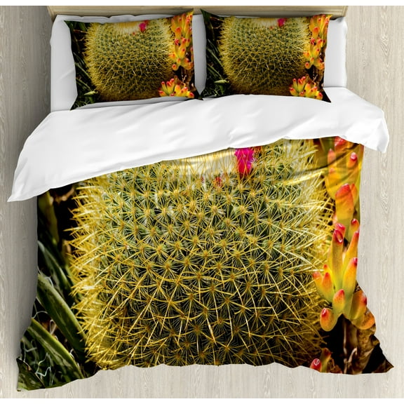 Cactus Duvet Cover Set, Photo of Cactus Plant Flower with Spike Botanical Desert Garden Floral Image, Decorative 3 Piece Bedding Set with 2 Pillow Shams, Queen Size, Green and Pink, by Ambesonne