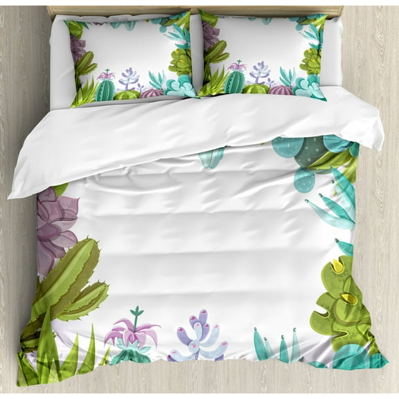 Cactus Duvet Cover Set Queen Size, Succulents Framework Different Types Gardening Bedding Plants Theme Seasonal Image, Decorative 3 Piece Bedding Set with 2 Pillow Shams, Multicolor, by Ambesonne