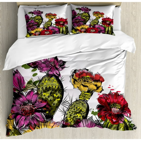 Cactus Duvet Cover Set Queen Size, Watercolor Painting Style Potted Plants Artistic Cactus Blossoms Gardening Theme, Decorative 3 Piece Bedding Set with 2 Pillow Shams, Multicolor, by Ambesonne