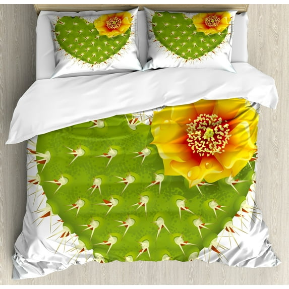 Cactus Duvet Cover Set, Thorny Cacti in the Shape of Heart and Yellow Flower Opuntia Spikes, Decorative 3 Piece Bedding Set with 2 Pillow Shams, Calking Size, Green Yellow Orange, by Ambesonne