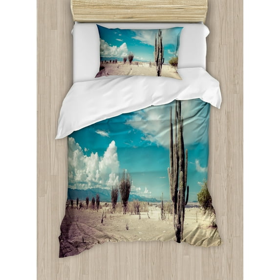 Cactus Duvet Cover Set Twin Size, Abandoned Desert with Dried Cactus Flowers on a Sunny Hot Summer Day Photo Image, Decorative 2 Piece Bedding Set with 1 Pillow Sham, Multicolor, by Ambesonne
