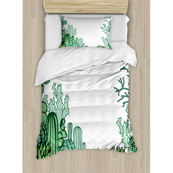 Cactus Duvet Cover Set Twin Size, Arizona Desert Themed Doodle Cactus Staghorn Buckhorn Ocotillo Plants, Decorative 2 Piece Bedding Set with 1 Pillow Sham, Green Pale Green Seafoam, by Ambesonne