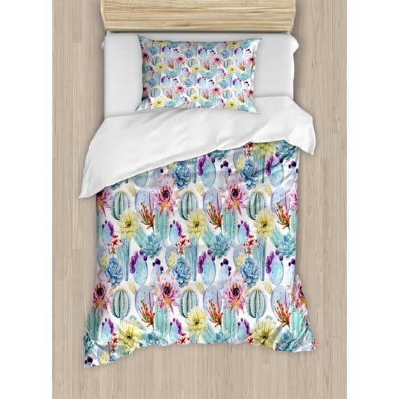 Cactus Duvet Cover Set Twin Size, Botanic Detailed Pattern with Desert Sand Flowers in Wild Nature Art Style Print, Decorative 2 Piece Bedding Set with 1 Pillow Sham, Multicolor, by Ambesonne