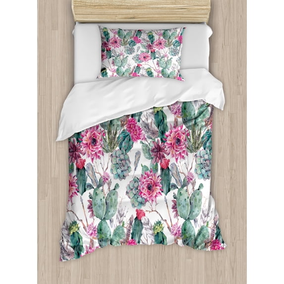Cactus Duvet Cover Set Twin Size, Cactuses with Spring Blooms Twigs and Arrows Composition Boho Chic Vintage Flora, Decorative 2 Piece Bedding Set with 1 Pillow Sham, Multicolor, by Ambesonne