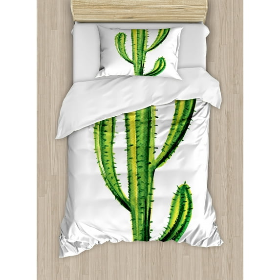 Cactus Duvet Cover Set Twin Size, Mexican Hot Desert Cactus Flower Plant Botanic Design Nature Cartoon like Print Image, Decorative 2 Piece Bedding Set with 1 Pillow Sham, Green, by Ambesonne