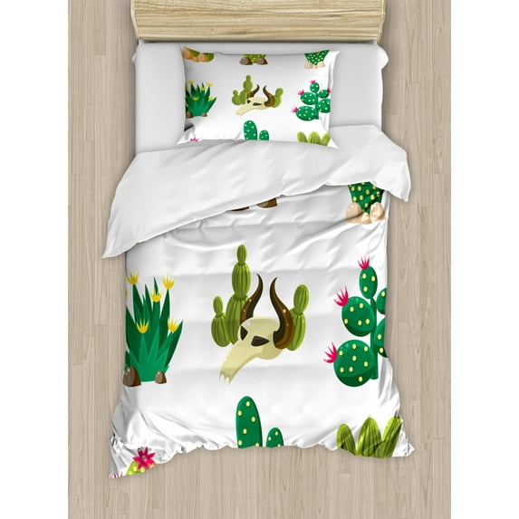 Cactus Duvet Cover Set Twin Size, Mexican South Desert with Animals Cactus Plants Skeletons Flowers Cartoon Image, Decorative 2 Piece Bedding Set with 1 Pillow Sham, Multicolor, by Ambesonne