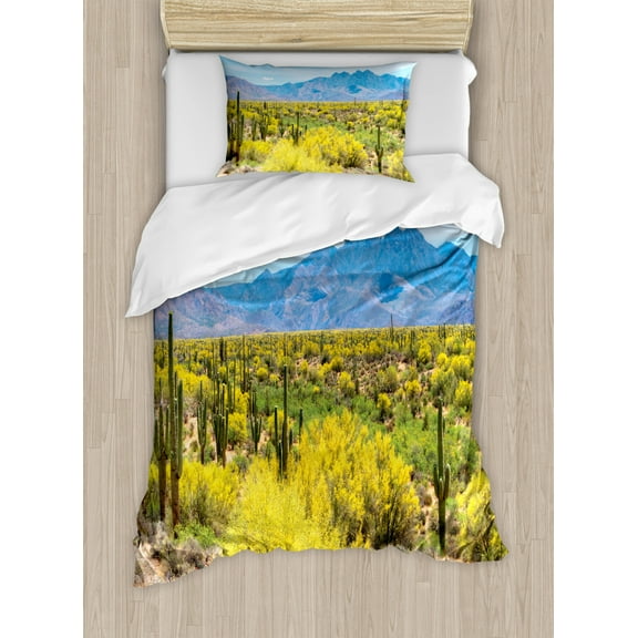 Cactus Duvet Cover Set Twin Size, Photo Image Landscape of Desert Arid Field of Cactus Stones Spikes Leaves Artwork, Decorative 2 Piece Bedding Set with 1 Pillow Sham, Multicolor, by Ambesonne