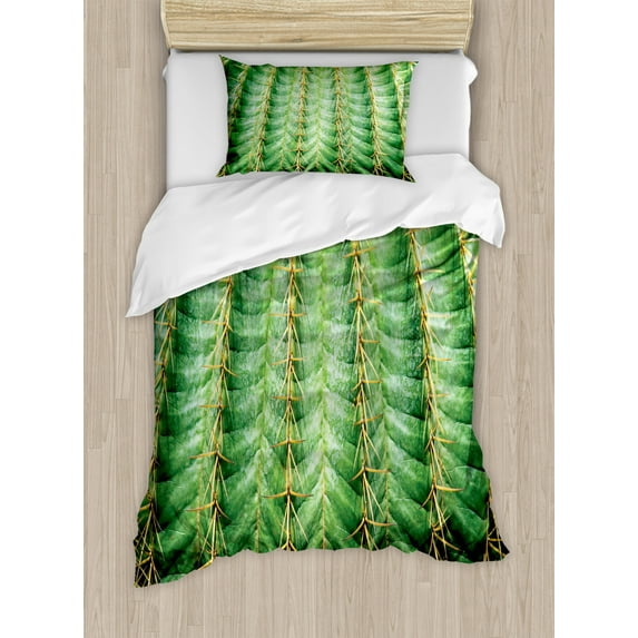 Cactus Duvet Cover Set Twin Size, Photo of Cactus with Spikes Plant Flower Fruit from Close Zoom Shoot with Spikes Print, Decorative 2 Piece Bedding Set with 1 Pillow Sham, Green, by Ambesonne