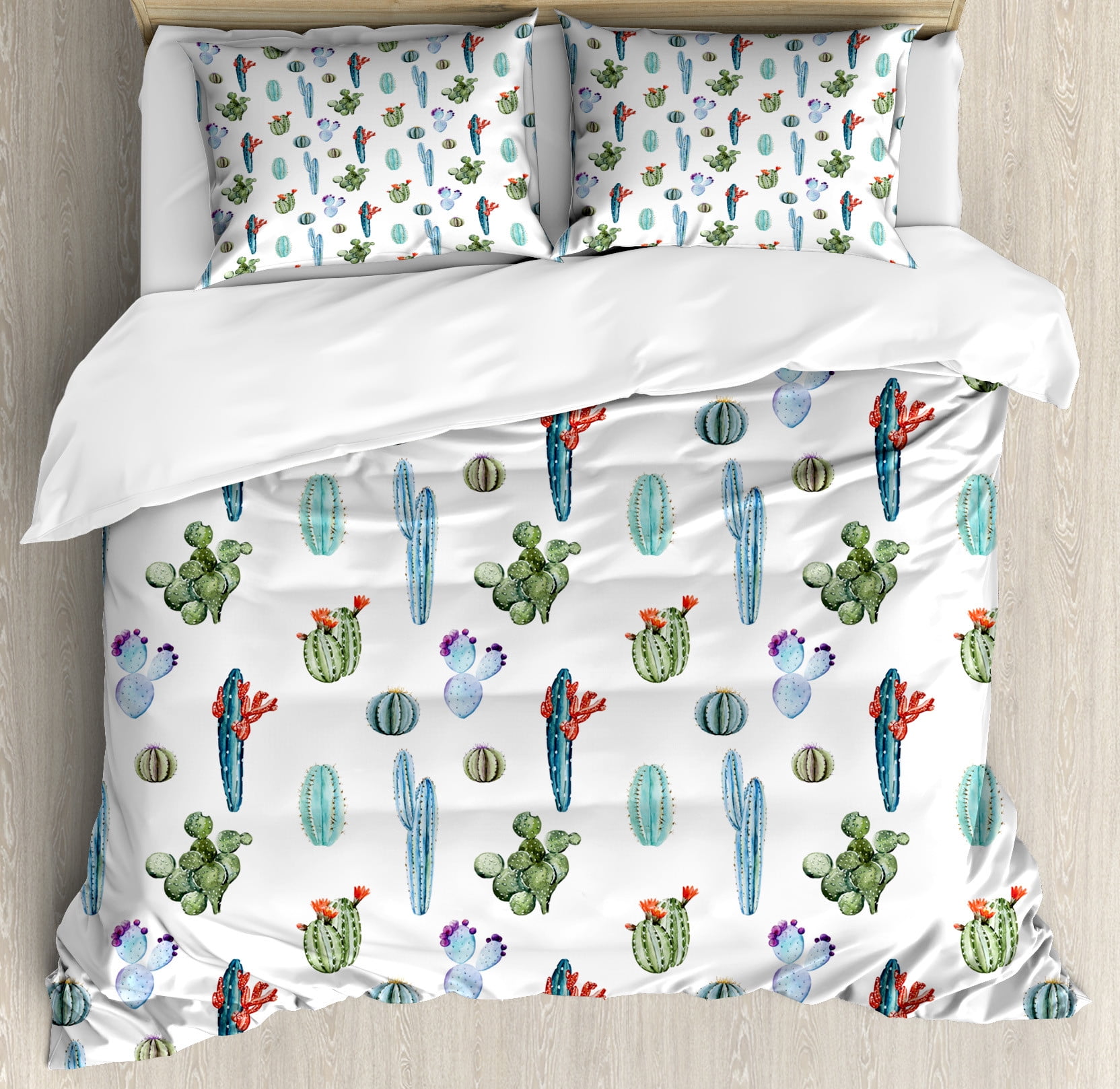 Blue and Green Cactus Print Queen Duvet Cover Set