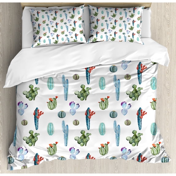 Cactus Duvet Cover Set, Watercolor Cactus Plant Image Desert Hot Mexican South Nature Floral Image Print, Decorative 3 Piece Bedding Set with 2 Pillow Shams, Queen Size, Blue and Green, by Ambesonne