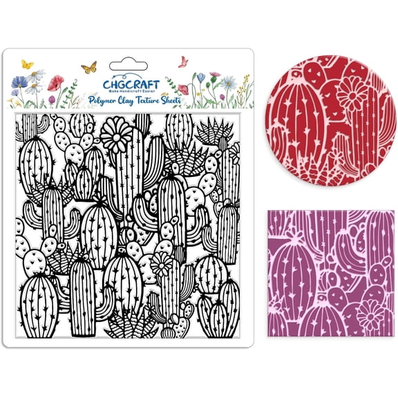 Cactus Edge Polymer Clay Texture Sheets Flowers Silicone Texture Stamp Clay Texture Mat Modeling Pattern Pad Texture Sheets for Jewelry and Clay Earrings Tools 5.5x5.5 inch Colorful