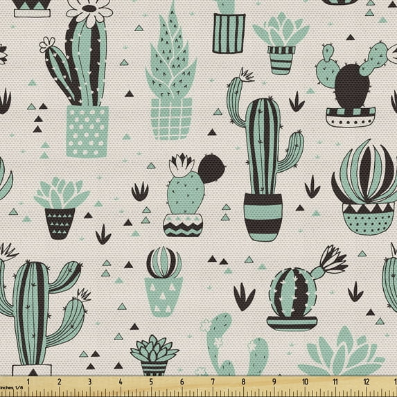Ambesonne Cactus Fabric by the Yard Upholstery, Geometric Cartoon Plant, 5 Yards, Mint Black Beige