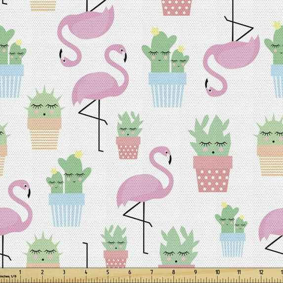 Cactus Fabric by the Yard, Flamingos and Sleeping Plants in Pots Cartoon Pattern Tropical Bird, Decorative Upholstery Fabric for Sofas and Home Accents, 3 Yards, Multicolor by Ambesonne