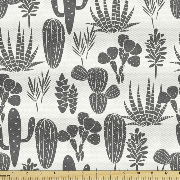 Ambesonne Cactus Fabric by the Yard Upholstery, Cacti Plant Greyscale, 2 Yards, Grey Ivory