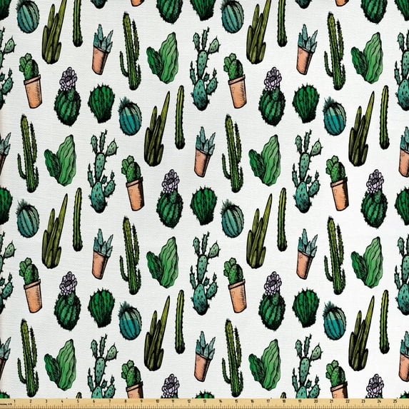 Cactus Fabric by the Yard, Sketchy Spiked Mexican Garden Foliage Boho Hand Drawn Style Line Art Cacti in Pots, Upholstery Fabric for Dining Chairs Home Decor Accents, Multicolor by Ambesonne