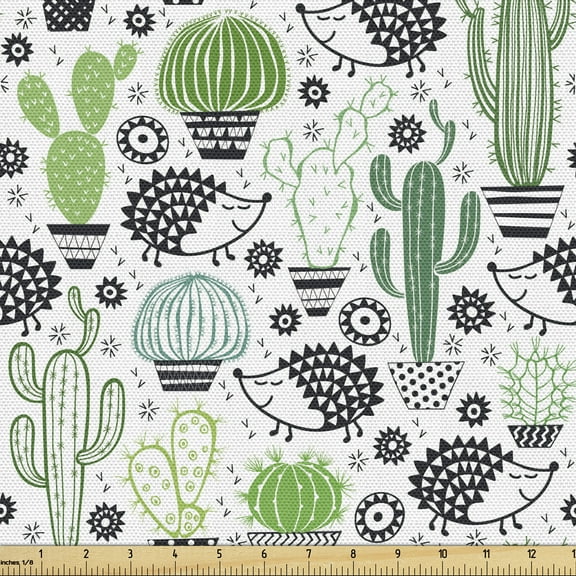 Ambesonne Cactus Fabric by the Yard Upholstery, Hedgehog Saguaro Cartoon, 1 Yard,