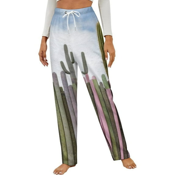 Cactus Fence Art Winter Female Pants Flannel High Waist Women Pants Lady Warm Straight Leg Plush Trousers