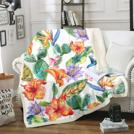 Cactus Fleece Blanket Exotic Floral Blossoms Sherpa Blanket for Kids Girls Women Tropical Palm Leaves Blanket Throw Bird Pastoral Style Fuzzy Blanket Throw 50"x60" Green Yellow Purple