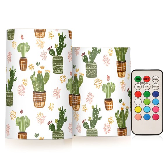 Cactus Flickering Flameless Candles Battery Operated with Remote Timer LED Pillar Candles Set of 2