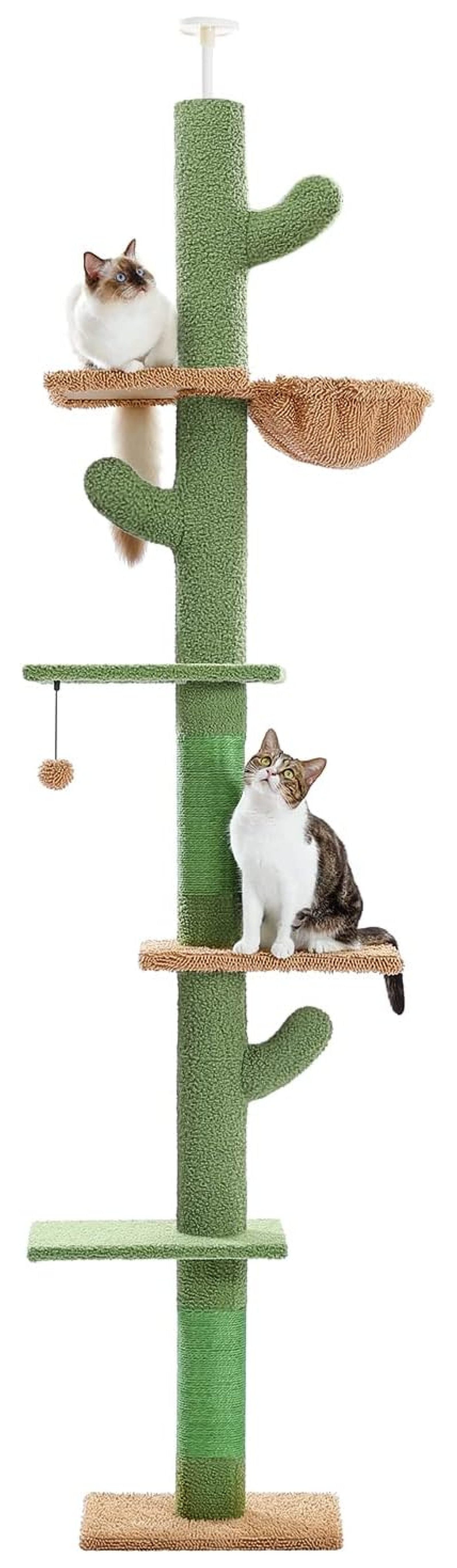 , Cactus Floor to Ceiling Cat Tower with Adjustable Height(95-108 Inches), 5 Level Cat Climbing Tower with Cozy Hammock, Platforms Dangling Balls for Indoor Cats
