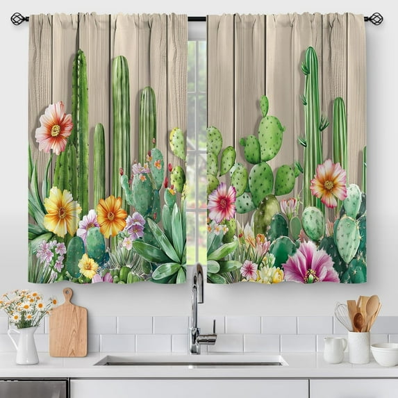 Cactus Floral Kitchen Curtains - Wood Vintage Small Short Cafe Tier Curtains Farmhouse Rustic Decor for Living Room Rod Pocket Window Drapes 36 Inch Length 2 Panels Set 28"x36"