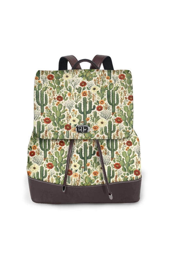 Cactus Floral Pattern Women's Leather Backpack All-Over Print Bag for Work and Travel