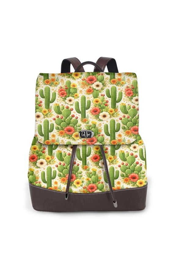 Cactus Floral Pattern Women's Leather Backpack All-Over Print Bag for Work and Travel