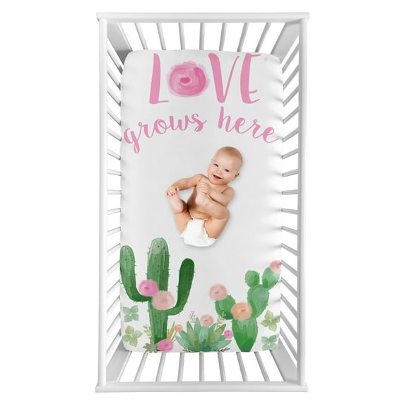Sweet Jojo Designs Cactus Floral Pink Green and White Photo Op Fitted Crib Sheet