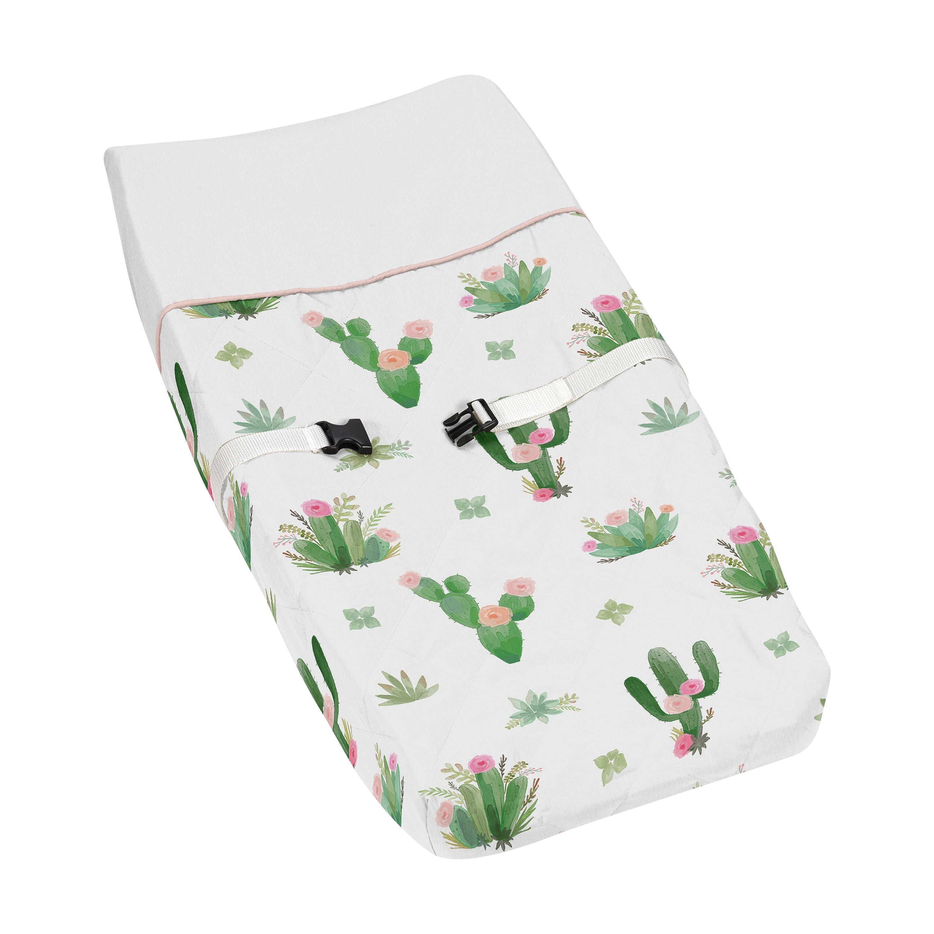 White and Green Floral Cactus Changing Pad Cover
