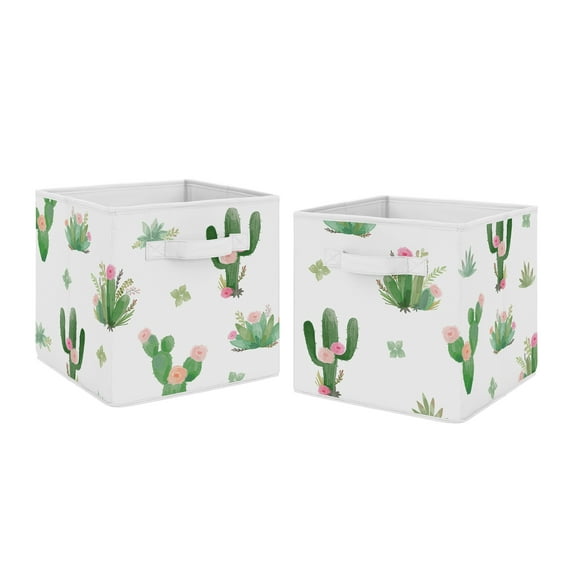 Cactus Floral Pink Green Fabric Storage Bins (Set of 2) by Sweet Jojo Designs