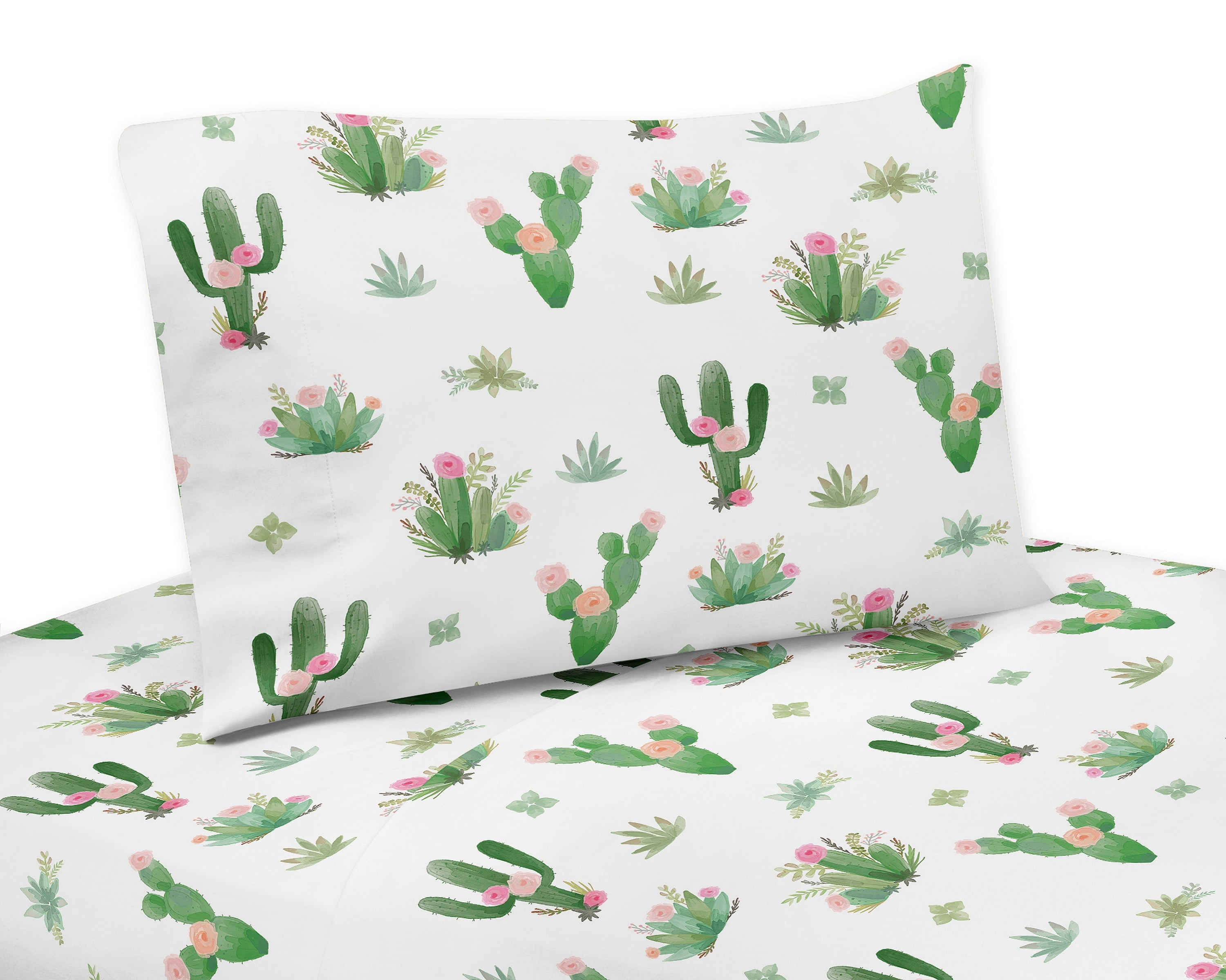 Pink and Green Floral Cactus Queen Microfiber Sheet Set