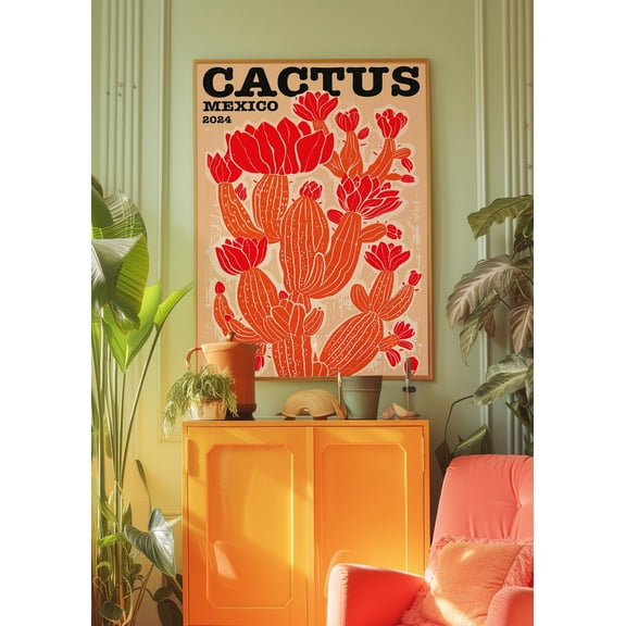 Cactus Flower 70s Retro Trippy Wall Art, Unframed Paper Poster 11x14in
