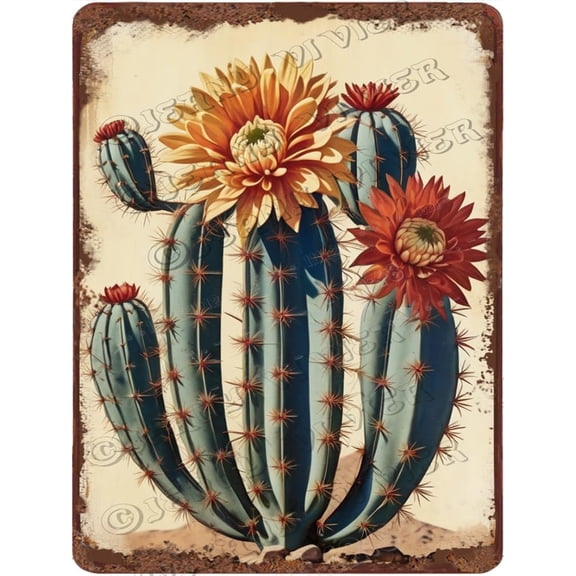 Cactus with Flower Aluminum Sign Cacti Decor Cactus Vintage Poster Rustic Farmhouse Decor Cactus Gifts for Cactus Lovers Green Plant Wall Decor for Cafes Club Pub Sign 12x16 Inches
