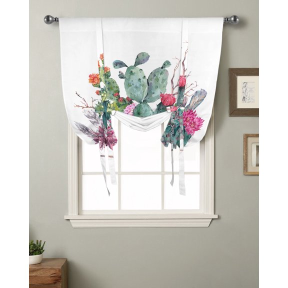 Cactus Flower Arrow Window Curtain Tie Up Curtains for Kitchen Living Room Adjustable Rod Pocket Drapes