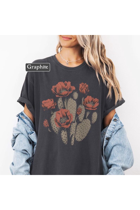 Cactus Flower Graphic T-Shirt, Boho Desert Unisex Casual Tee for Western Style