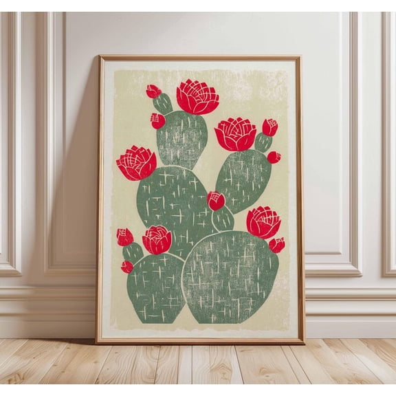 Cactus Flower Mexican Desert Green Red Linocut Boho Botanical Art, Unframed Poster