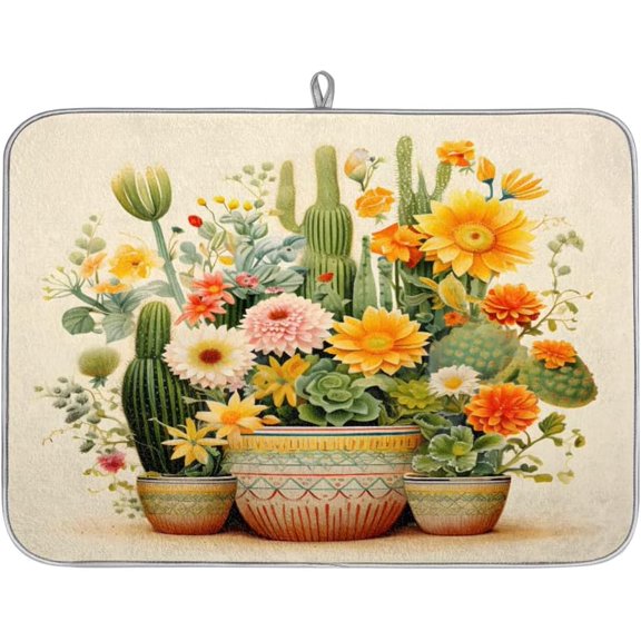 Cactus Flower Pots Dish Drying Mat for Kitchen Counter Reversible Super Absorbent Fiber Dish Drying Pad with Non-Slip Backing for Countertop Tea Coffee Bar Accessories 16 x 18 Inch