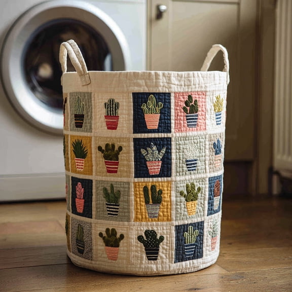 Cactus Flower Quilted Laundry Basket, with Handles, Foldable Clothes Hamper for Bedroom Storage