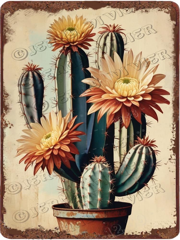 Rustic Cactus Sign Cactus with Flower Retro Aluminum Sign 12x16 in Metal Sign Cactus ...