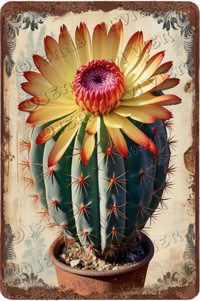 Rustic Cactus Sign Cactus with Flower Retro Aluminum Sign 12x8 in Metal Sign Cactus Wall ...